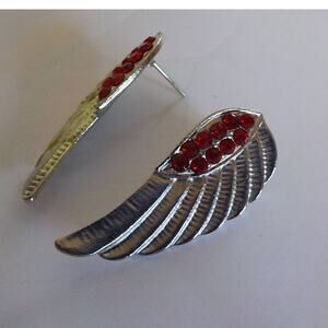 Vintage Wing Earrings Silver Metal and Red Crystals Post Back Style 1.5"
